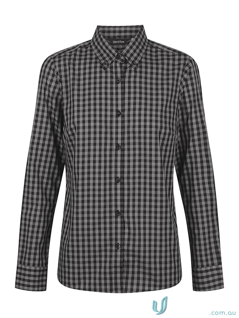 Ladies Barrett Long Sleeve Shirt with black and gray checkered pattern perfect for casual style