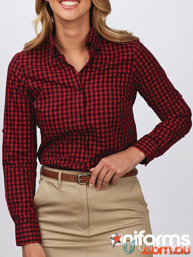 Ladies Barrett Long Sleeve Shirt with red and black checkered button-down design