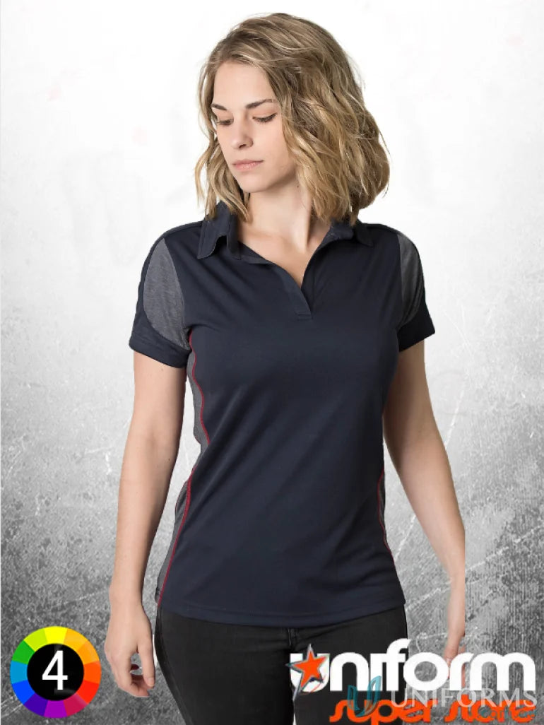 Woman’s navy polo shirt with aegis microbe shield and cooldry moisture management