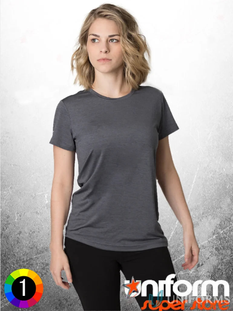 Woman’s gray tee featuring aegis microbe shield and cooldry moisture management