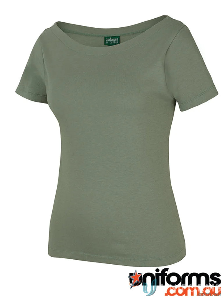 Olive green women’s boat neck tee perfect for uniforms or casual workwear