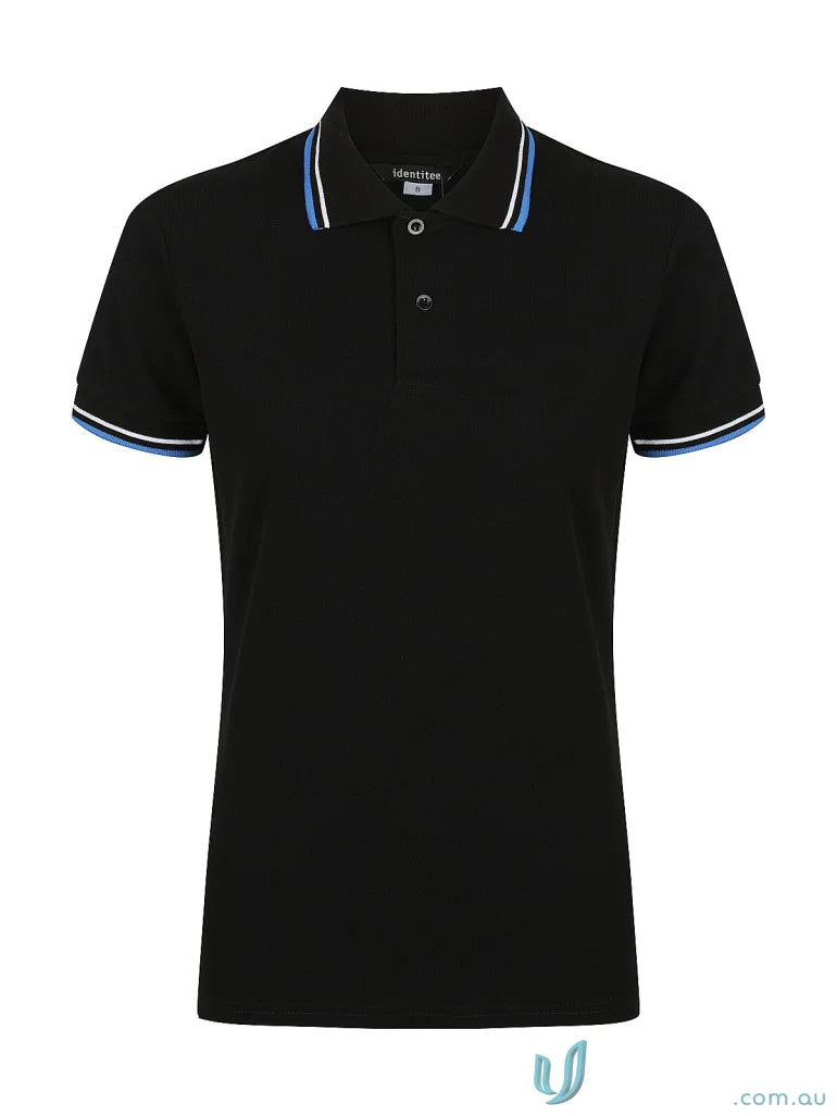 Ladies Bobby Polo shirt with black color and blue white striped collar and cuffs