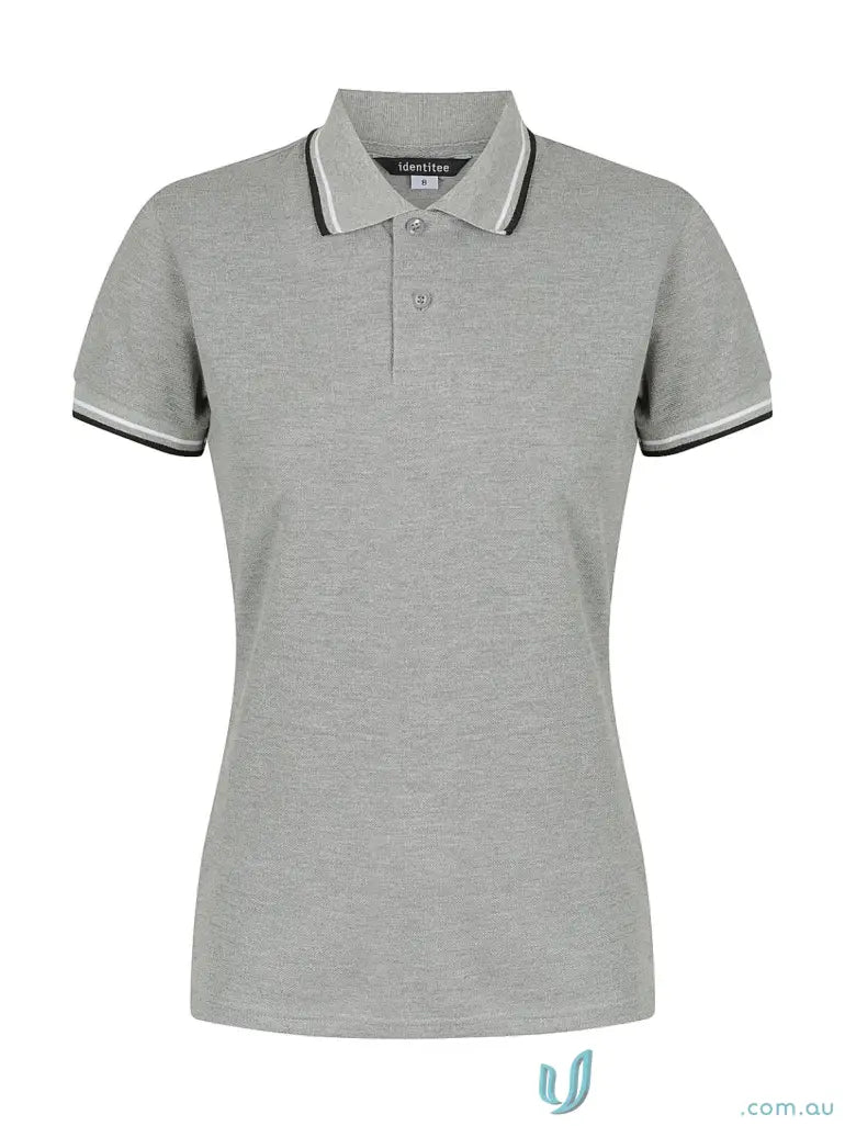 Ladies Bobby Polo shirt in grey with striped collar and sleeves for a casual look