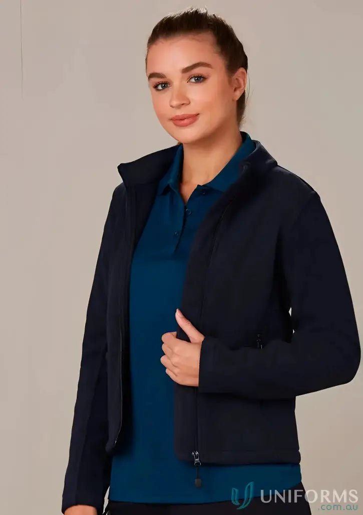 Woman in ladies bonded polar fleece jacket, PF08 Frost Ladies, stylish navy blue look
