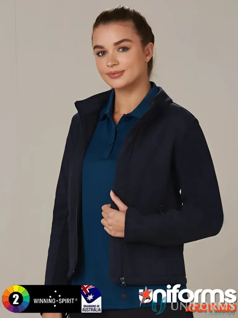 Woman wearing Ladies Micro Bonded Polar Fleece Jacket in navy and teal for pf08 frost ladies