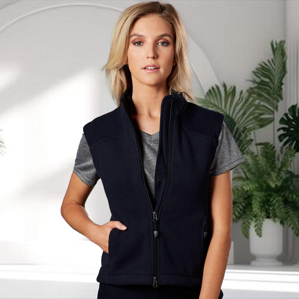 Ladies Bonded Polar Vest navy blue fleece with zipper pockets