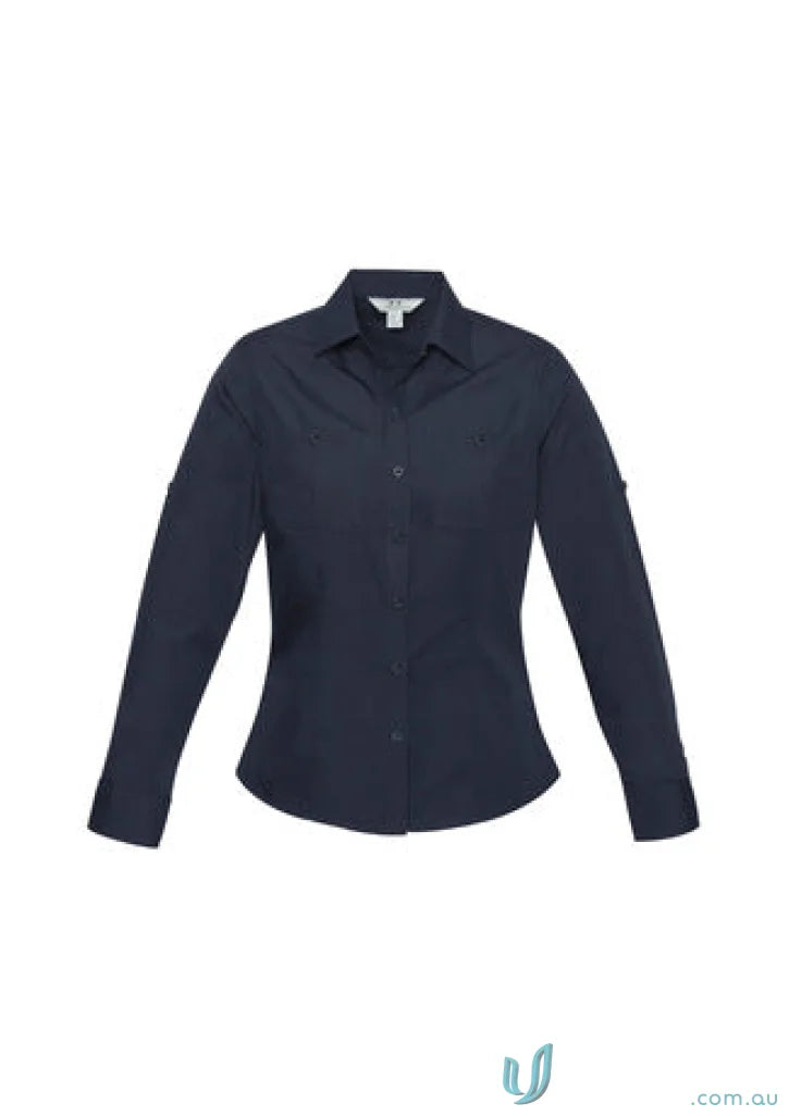 Navy blue ladies Bondi Roll Up LS Shirt, perfect for women’s Bondi long sleeve style