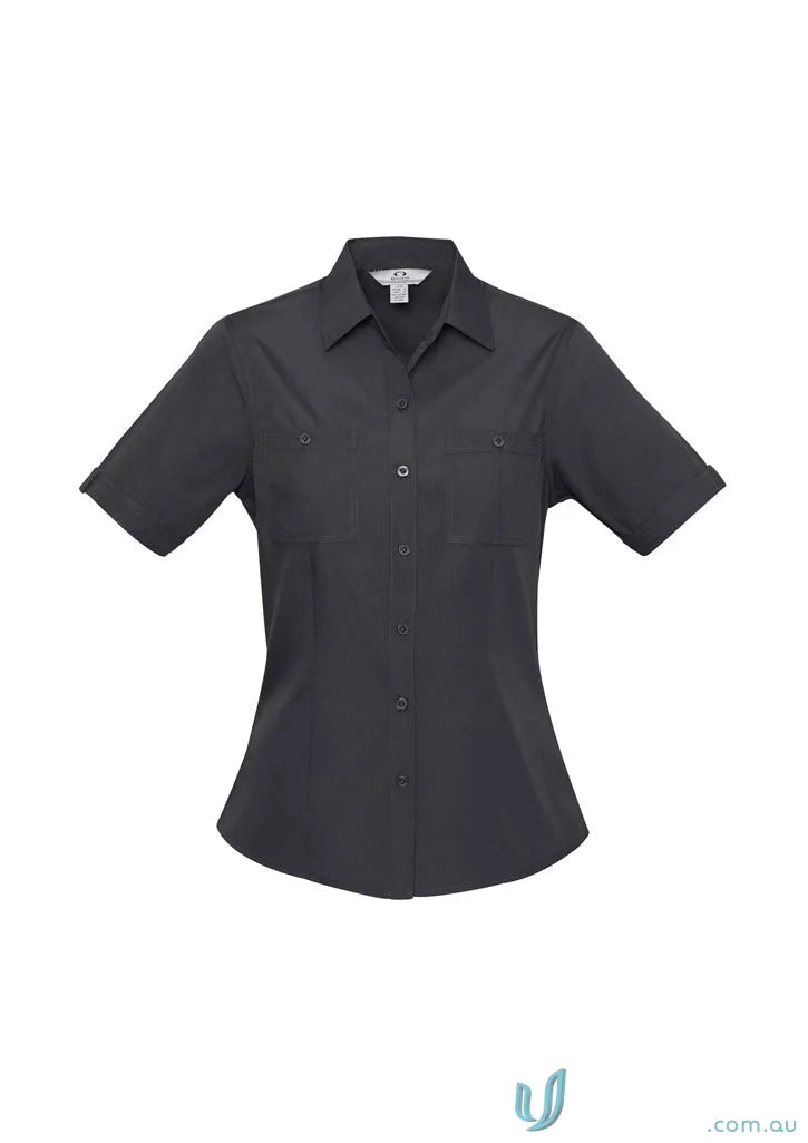 Dark gray women’s bondi short sleeve button-down shirt from Biz Collection Ladies