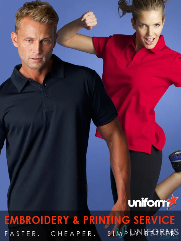 Two people modeling plain fabric Ladies Botany Polo shirts, perfect for uniforms or workwear