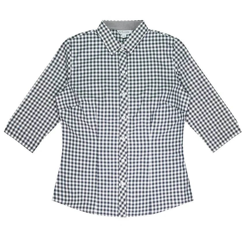 Ladies Brighton 3Q shirt in black white gingham, 3-quarter sleeves