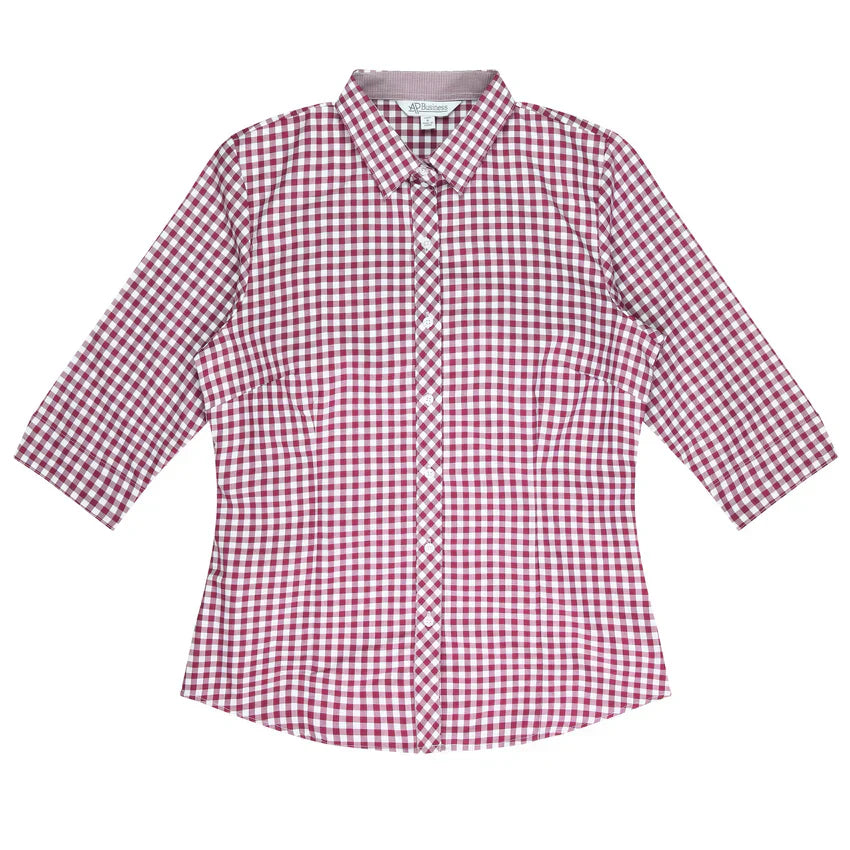 Ladies Brighton 3Q lady shirt in red white gingham, 3-quarter sleeves
