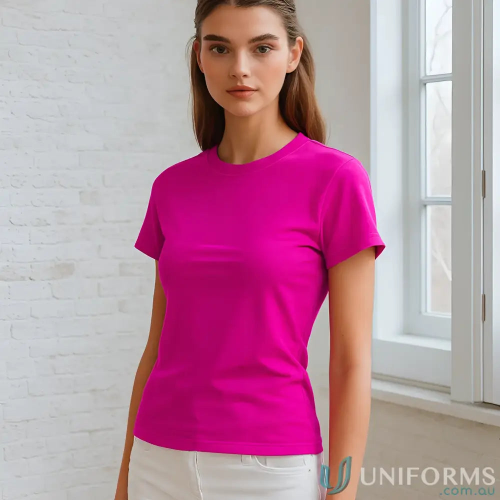 Woman wearing Ladies Brightport Tee with modern fit and tear-away label short sleeve tee