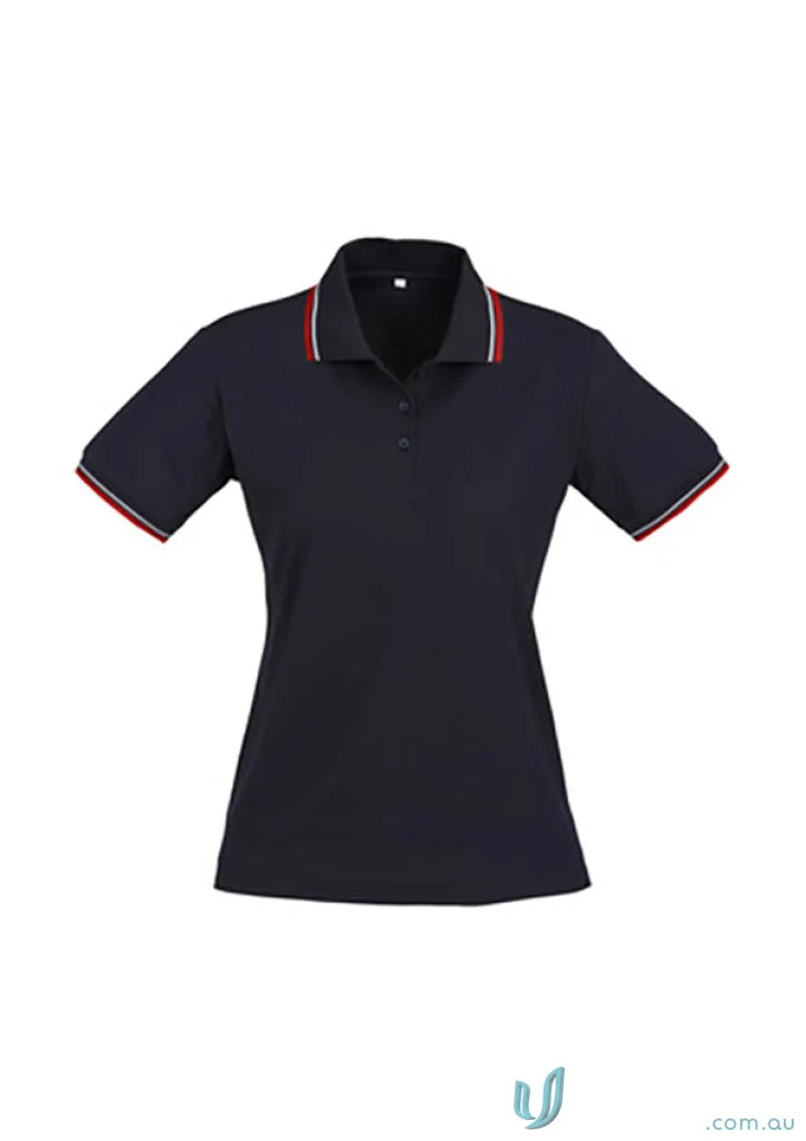 Ladies Cambridge Polo navy blue short sleeve shirt with red and white striped trim