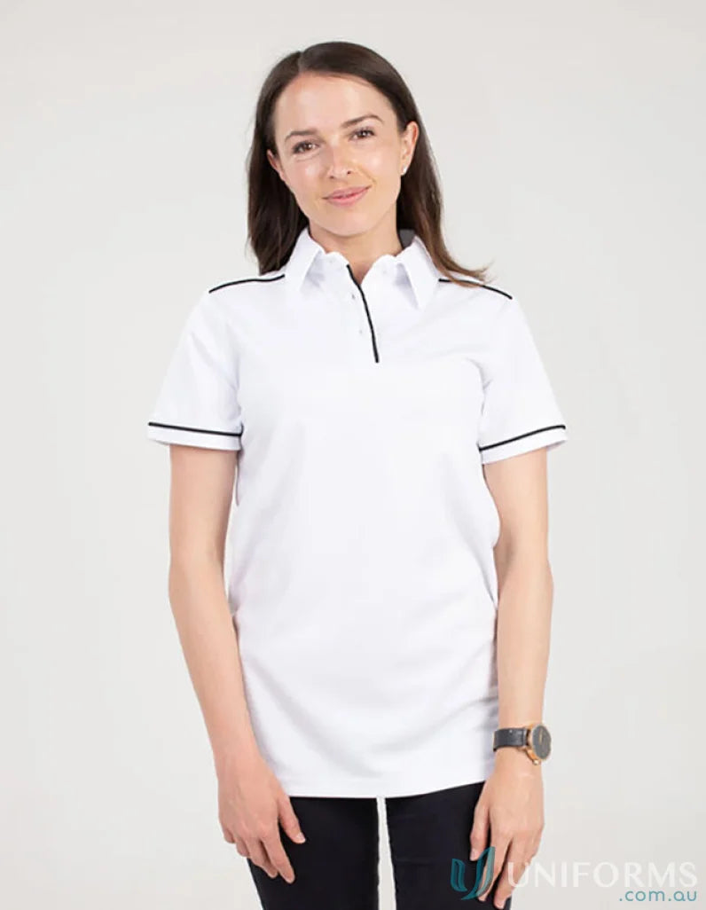 Ladies Campbell Polo in white with black trim made from recycled fibres with cooldry moisture management