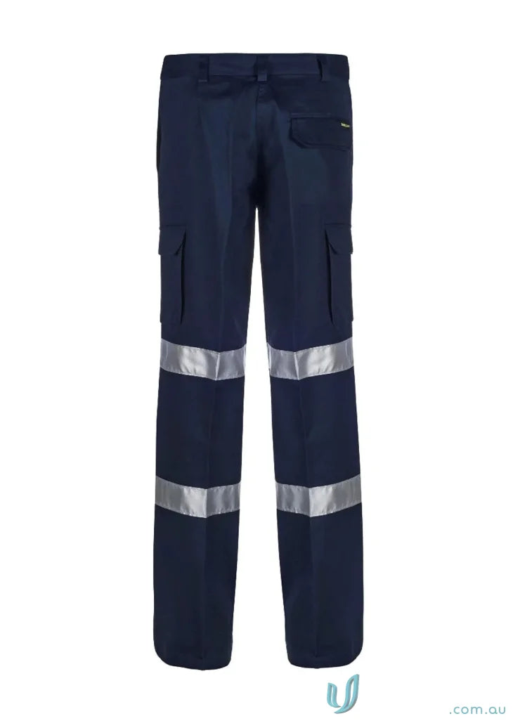 Ladies cargo navy blue work pants with reflective stripes and flap pocket CSR tape