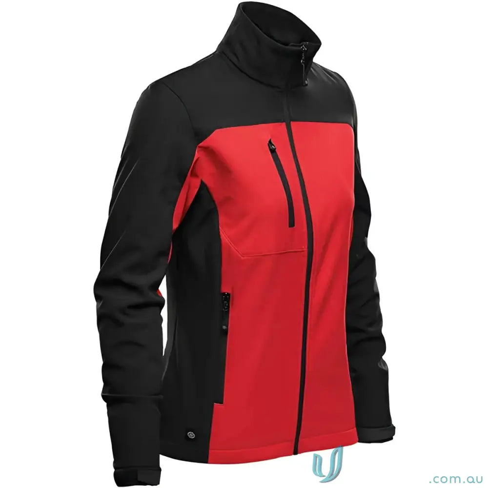 Women’s Cascades Softshell jacket in black and red with zip pockets for outdoor fun