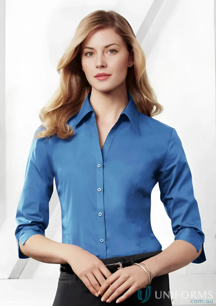 Ladies metro Biz Collection Ladies Chelsea Stretch 3Q shirt with blue button-down sleeve shirt