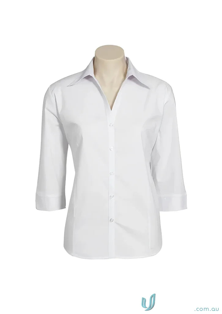 White ladies metro Biz Collection Chelsea Stretch 3Q sleeve shirt for a cool biz look