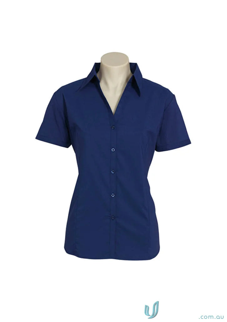 Women’s metro blue short-sleeved stretch ss shirt from Biz Collection Ladies Biz Collection