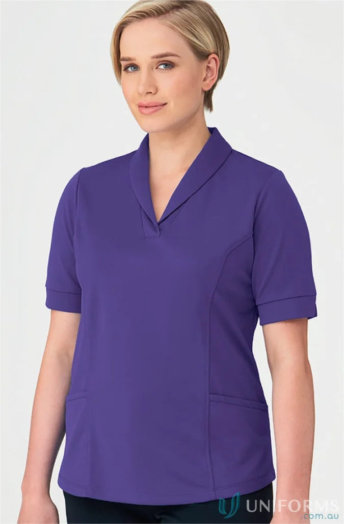 Purple short-sleeved collared shirt for Ladies City Health Active Top, perfect workwear or uniforms with roll collar style