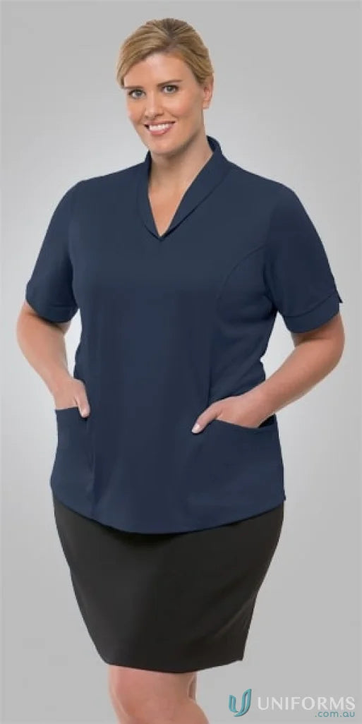 Woman in navy tunic and black skirt wearing Ladies City Health Active Top with roll collarperfect workwear or uniforms pickup