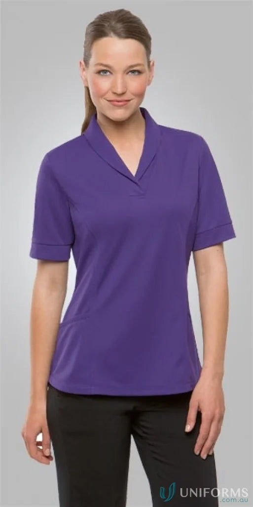 Woman in purple roll collar Top from Ladies City Health Active Workwear collection