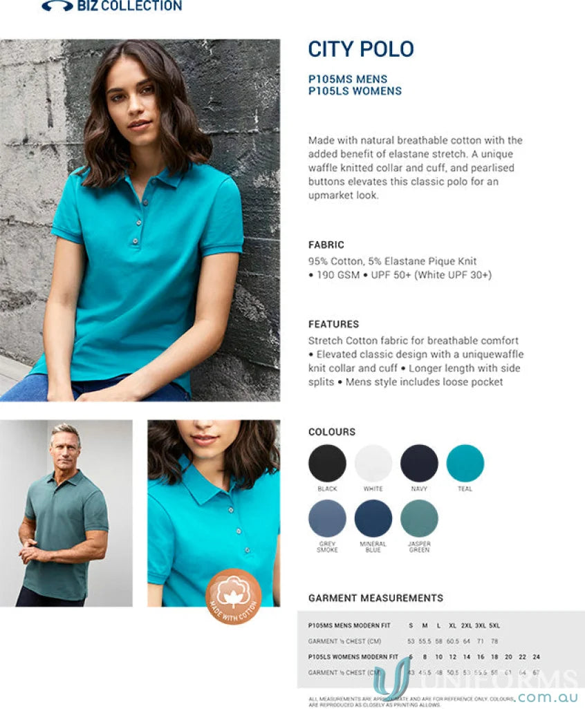 Ladies City Polo short sleeve polo in teal with waffle collar, breathable cotton, UPF 50+