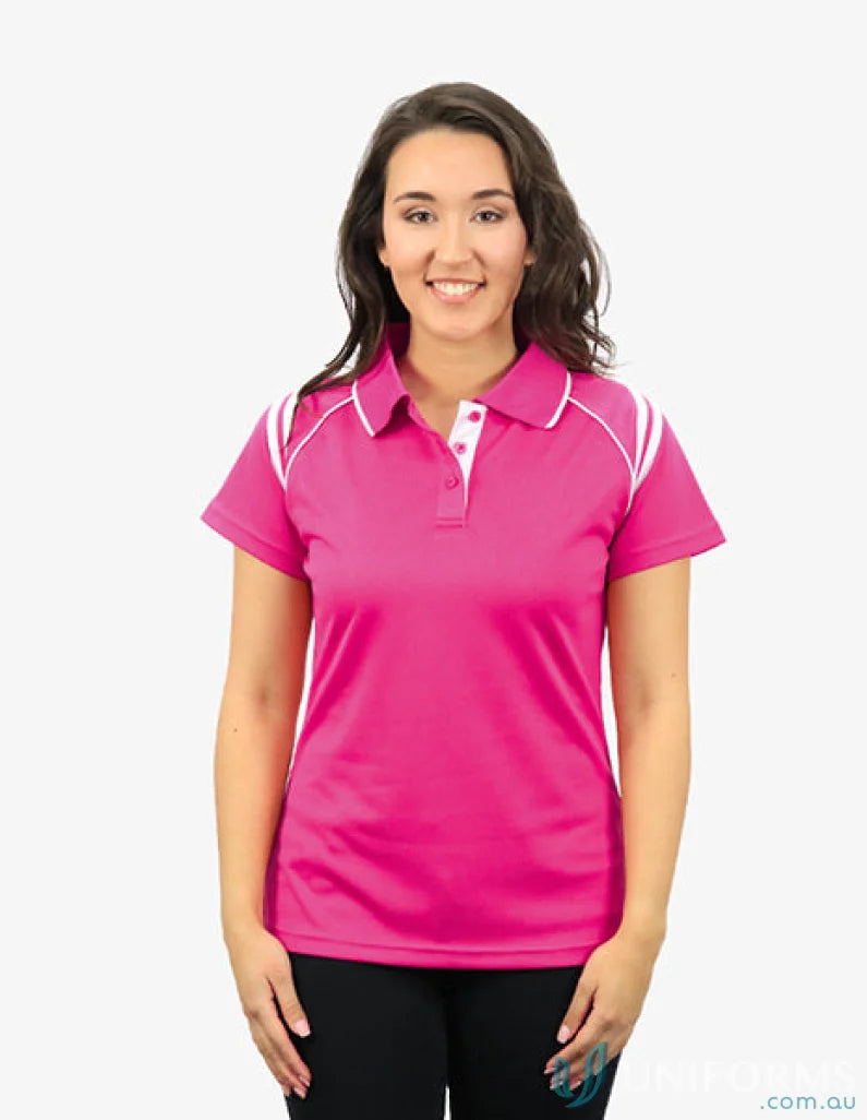 Pink polo shirt with white trim from Ladies Cobra SS Polo featuring CoolDry moisture management