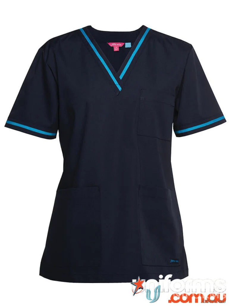Navy blue ladies contrast scrubs top with turquoise trim for JBs Ladies Contrast Scrubs Top