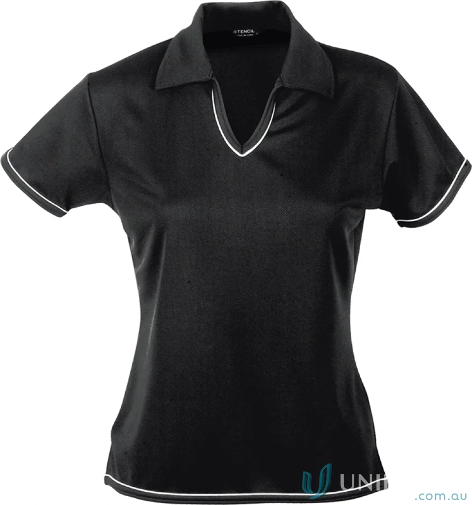 Black short-sleeved women’s polo shirt with white trim from Ladies Cool Dry workwear collection