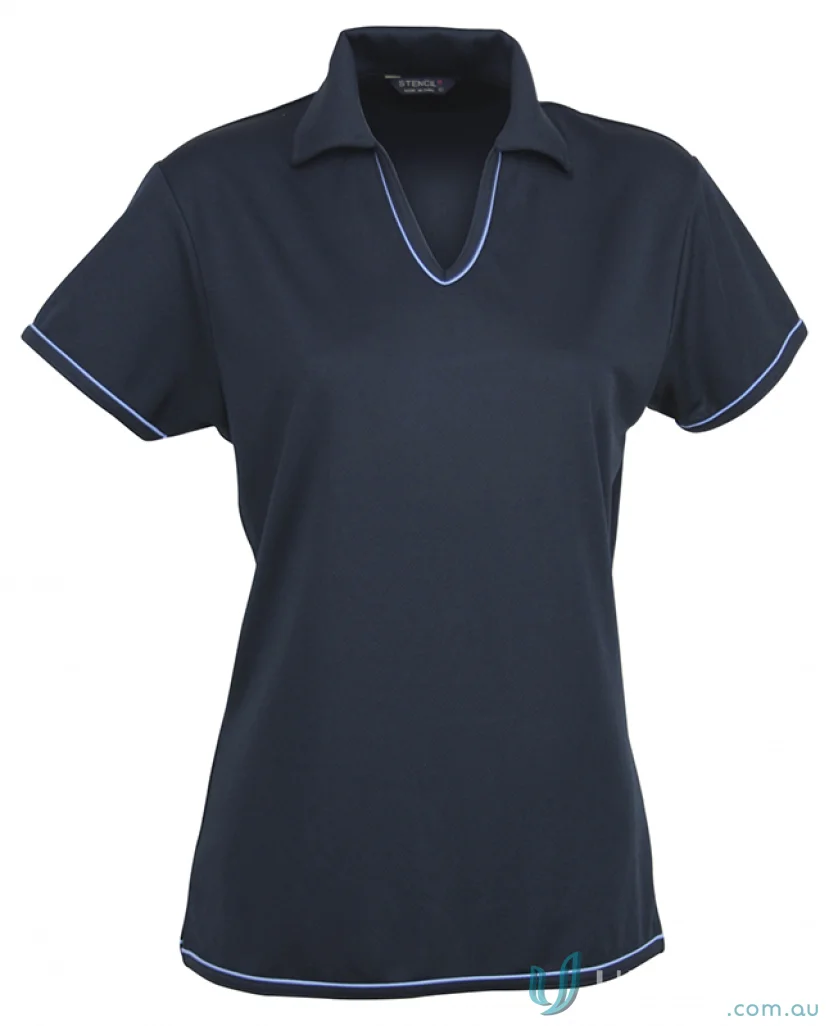 Ladies Cool Dry Polo shirt in dark blue with white piping, perfect for workwear