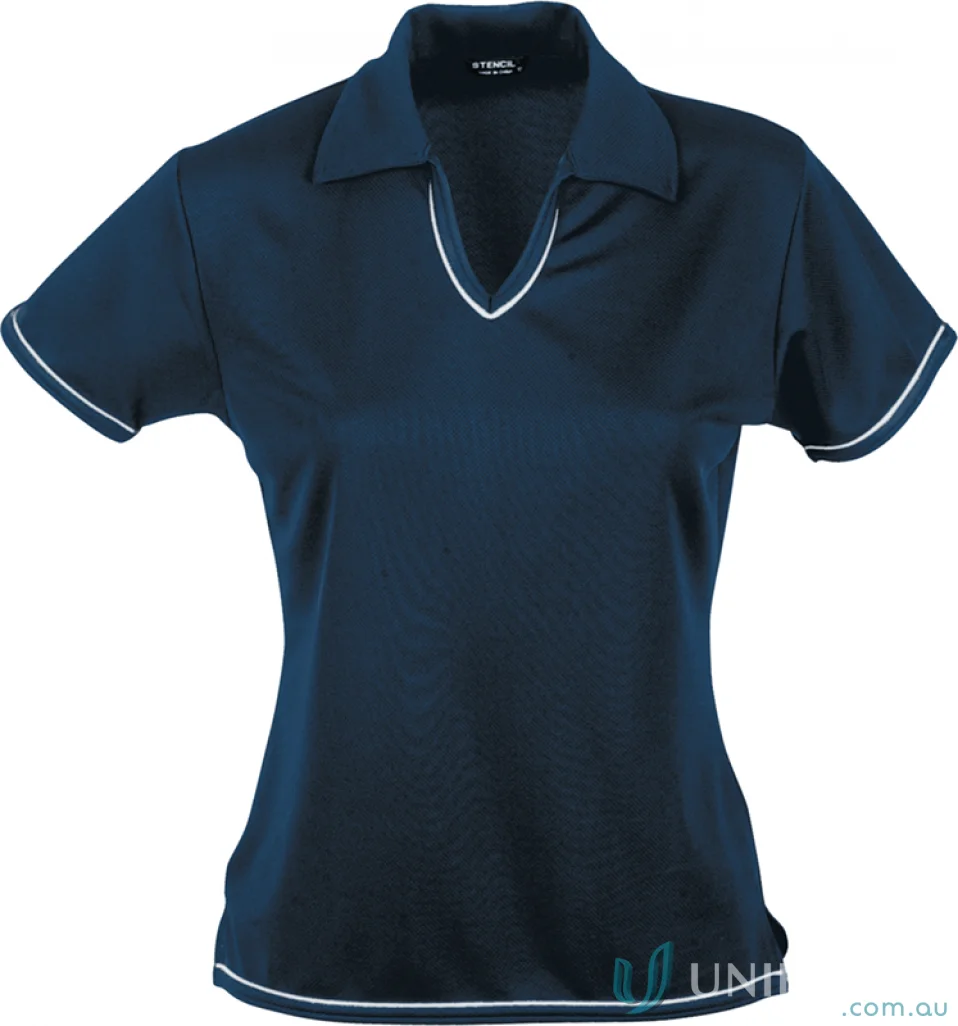 Dark blue Ladies Cool Dry Polo shirt with white piping, perfect for workwear uniforms