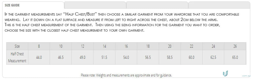 Ladies Cool Dry Polo size guide with half chest measurements for workwear uniforms
