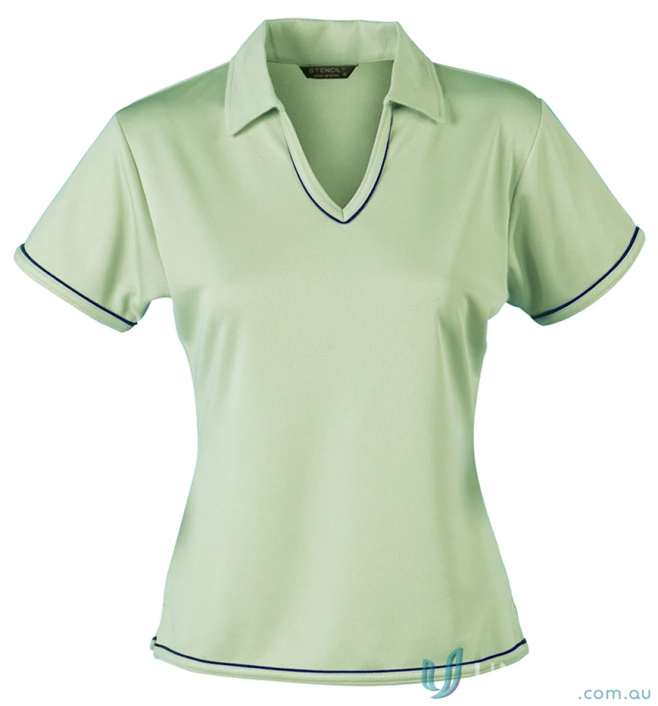 Light green Ladies Cool Dry Polo shirt with navy piping, perfect for workwear or uniforms