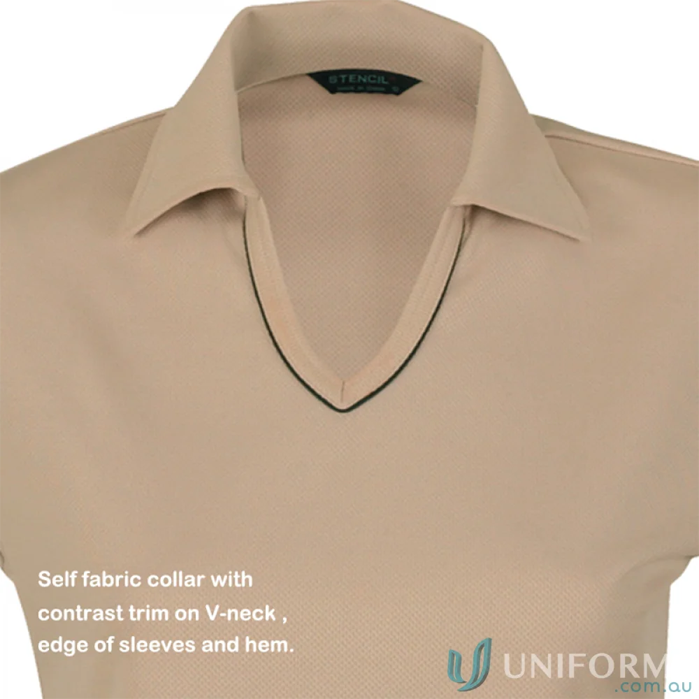 Ladies Cool Dry Polo shirt with V-neck, beige workwear uniform, perfect for hot days