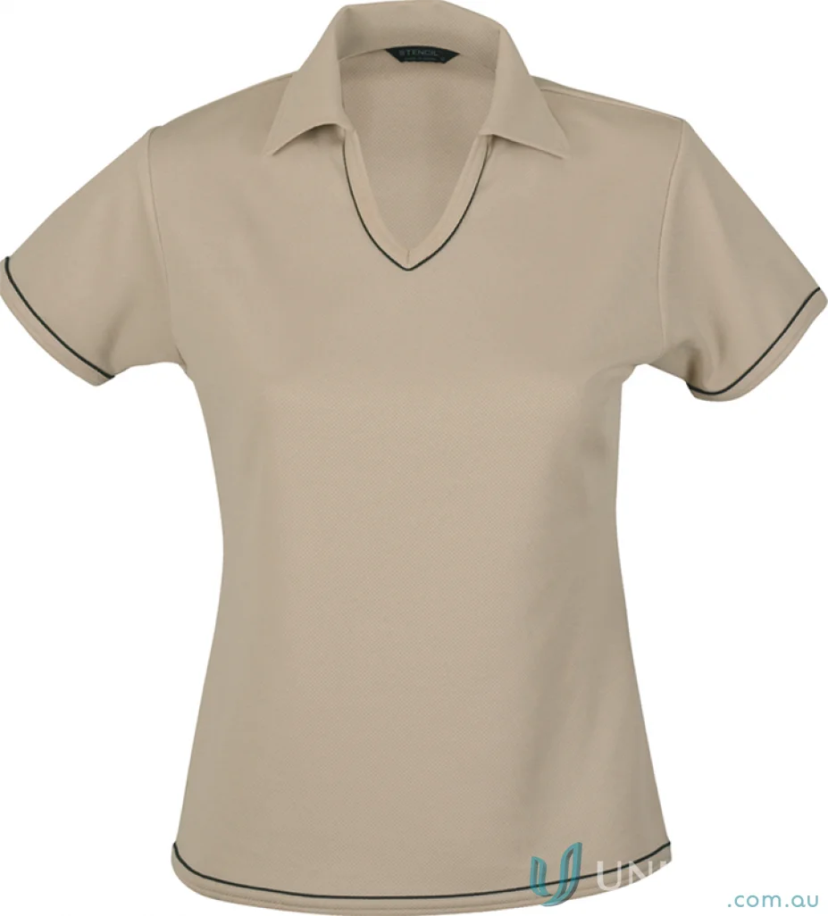 Ladies Cool Dry Polo shirt in beige with black piping, perfect for workwear or uniforms