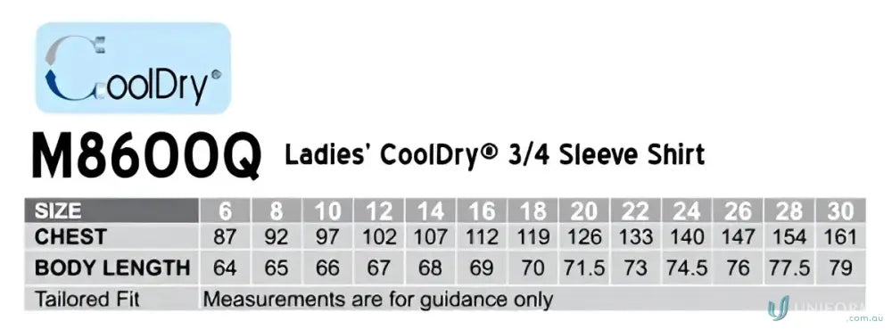 Ladies CoolDry 3Qtr Shirt size chart for Winning Spirit ladies cooldry 3qtr shirts