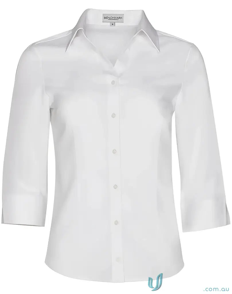 White Winning Spirit Ladies CoolDry 3Qtr Shirt with buttons and three-quarter sleeves