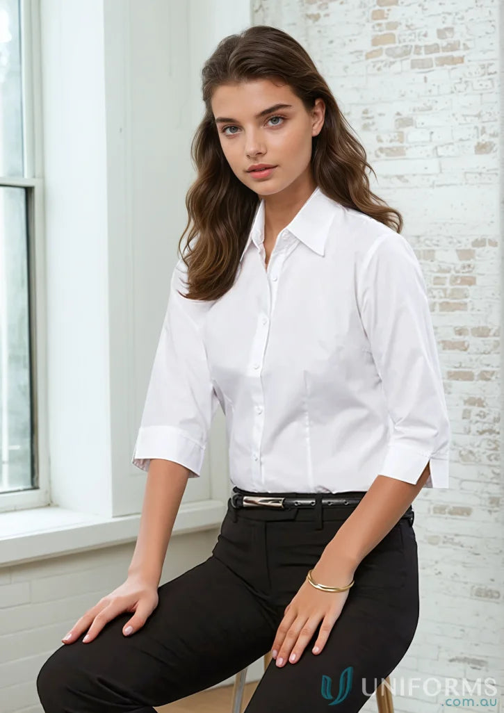 Woman in white biz collection ladies work shirt cotton poplin for uniform shirt base