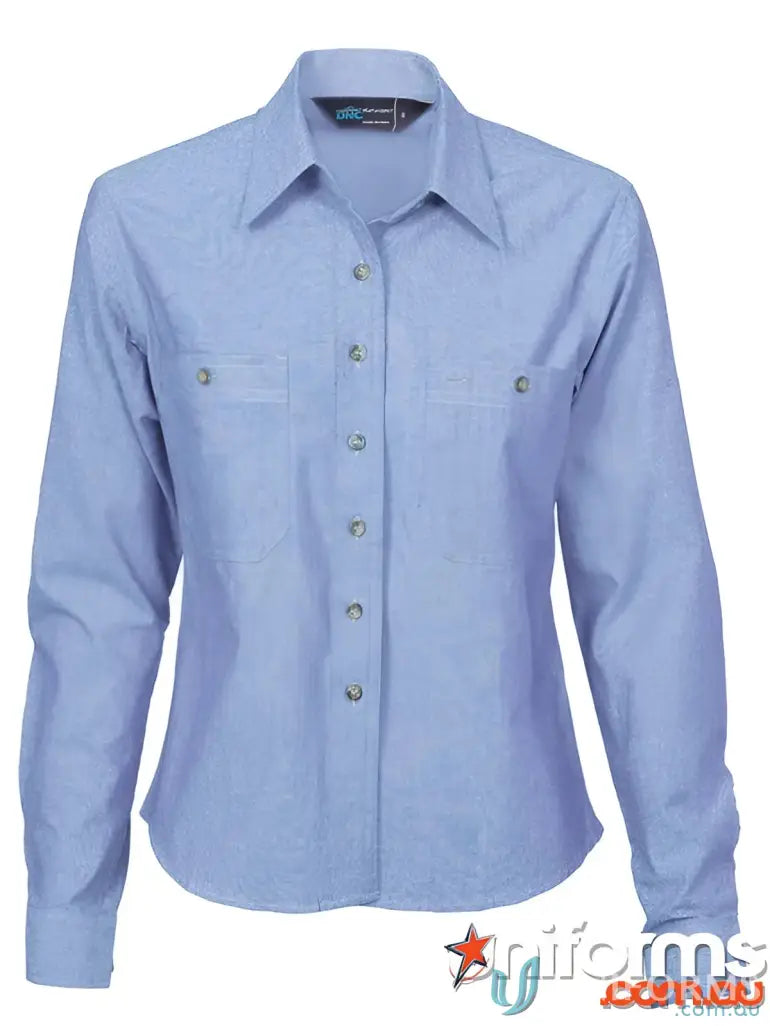 Light blue ladies cotton chambray shirt with long sleeves, perfect for casual wear