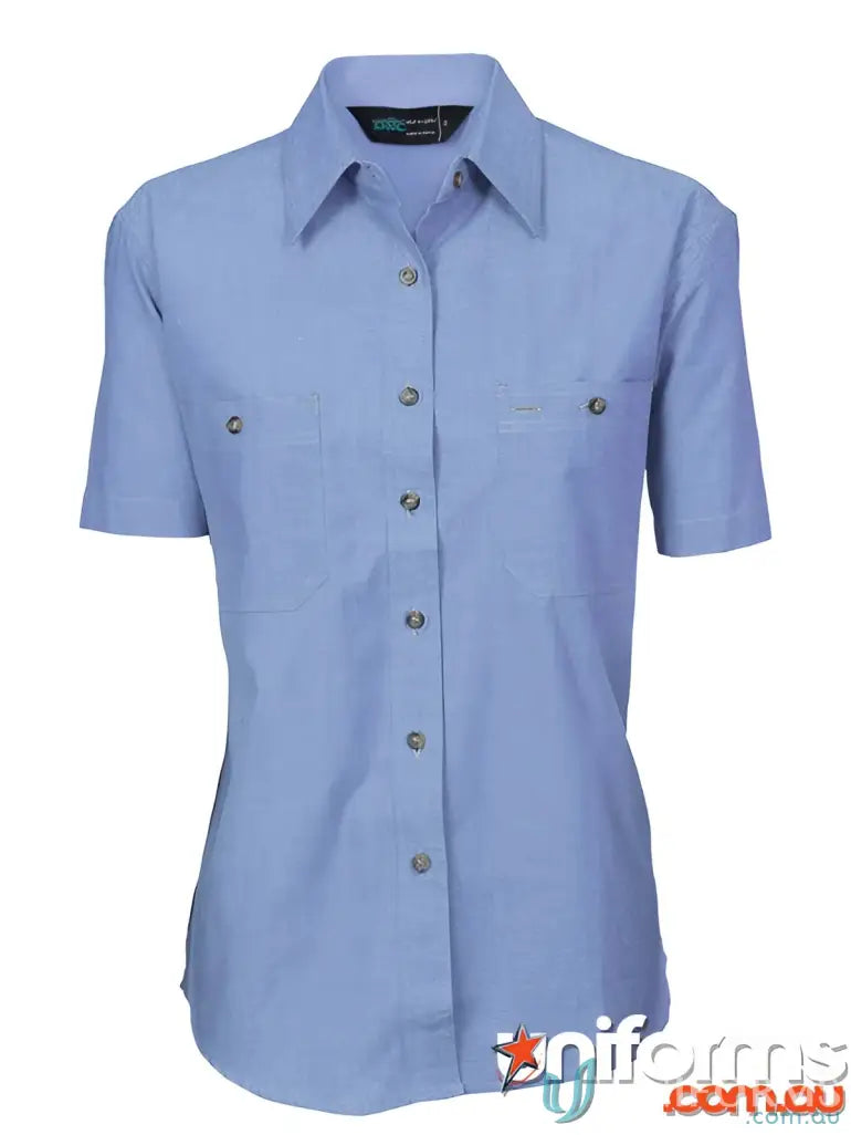 Light blue ladies cotton chambray shirt with short sleeves perfect for casual wear