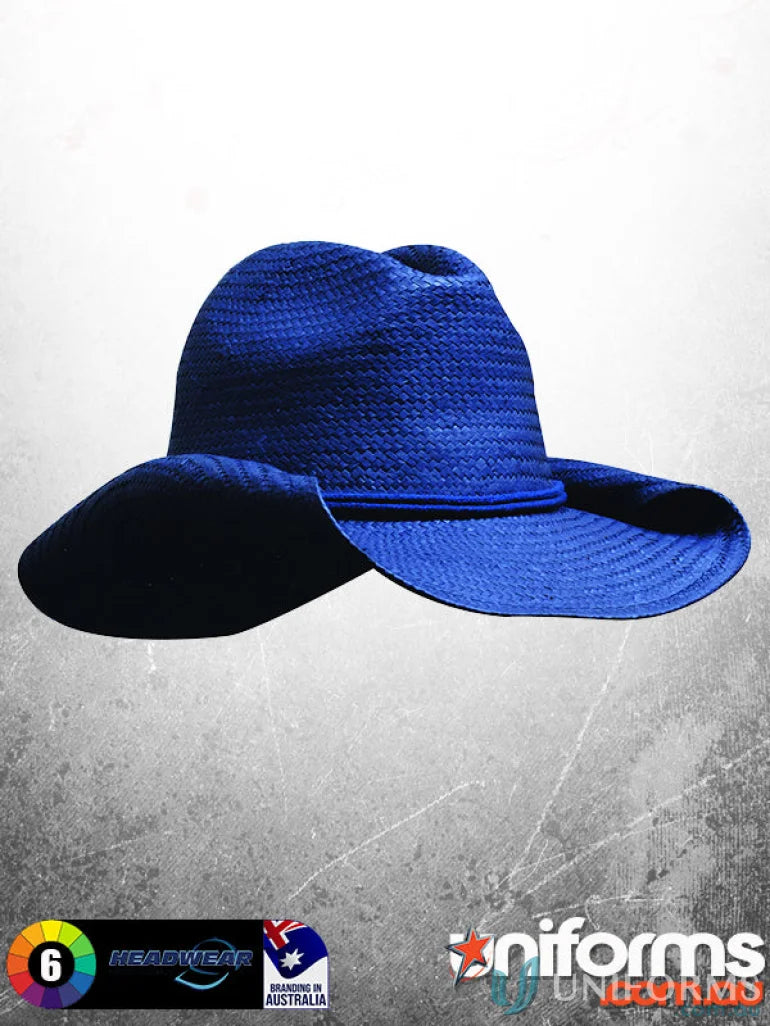 Blue woven sun hat from Ladies Cowboy Straw with imprint detail, stock available, 50cm