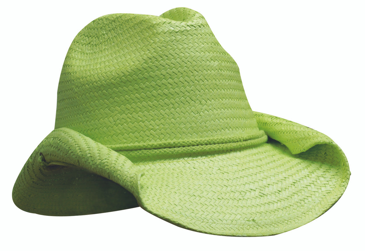 Vibrant lime green Ladies Cowboy Straw fedora, 20cm wide brim stock hat