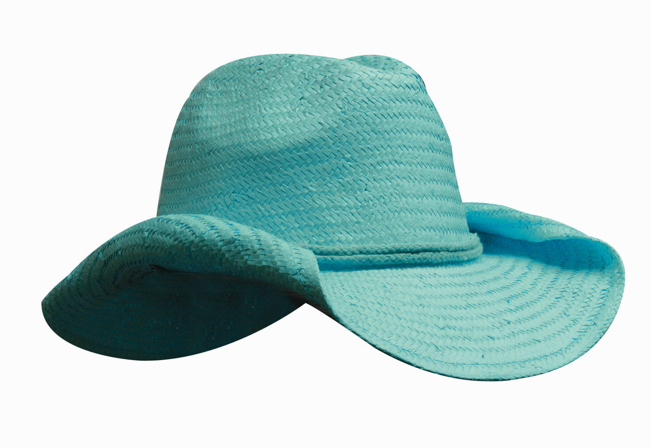 Ladies cowboy straw teal woven hat wide brim stock imprint