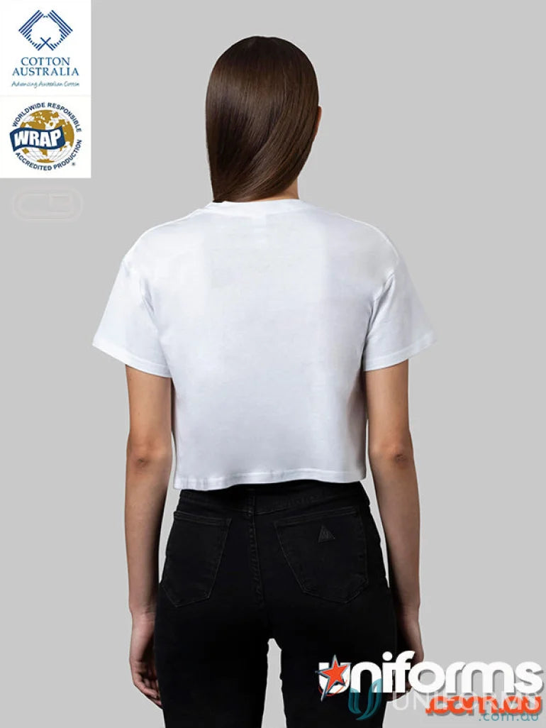 White Ladies Crop Tee with black jeans, perfect for casual uniforms or measuring length style