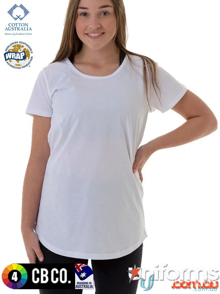 Young woman wearing Ladies Curve Tee in plain white, perfect fit for your size and length needs