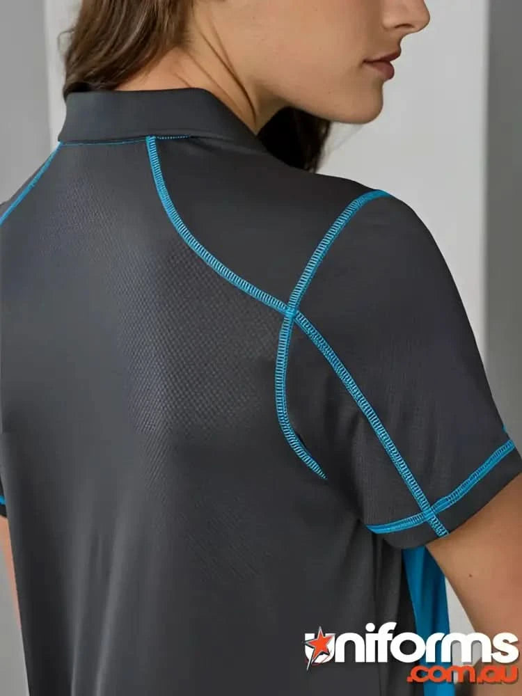 Ladies Dart Polo in honeycomb knit fabric with gray color and blue stitching