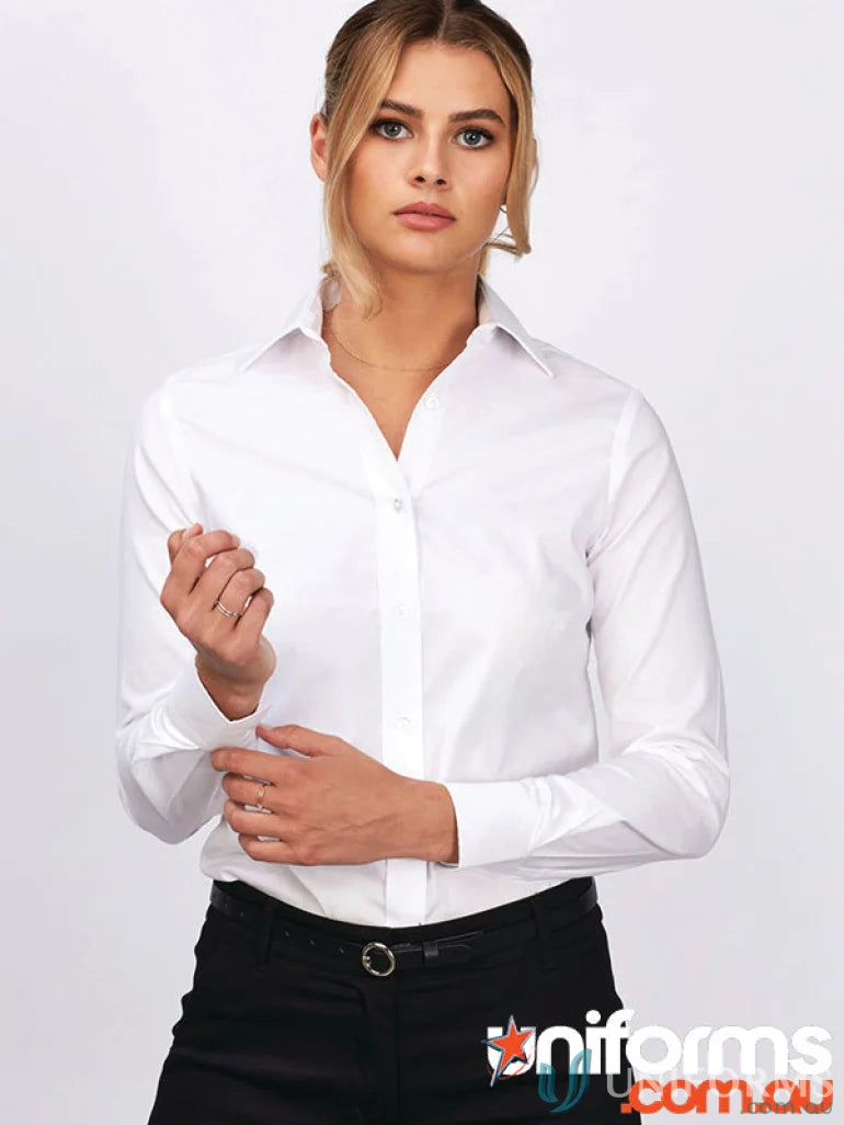 Lady wearing white Ladies Dexter Long Sleeve Shirt, stylish long sleeve shirt for women