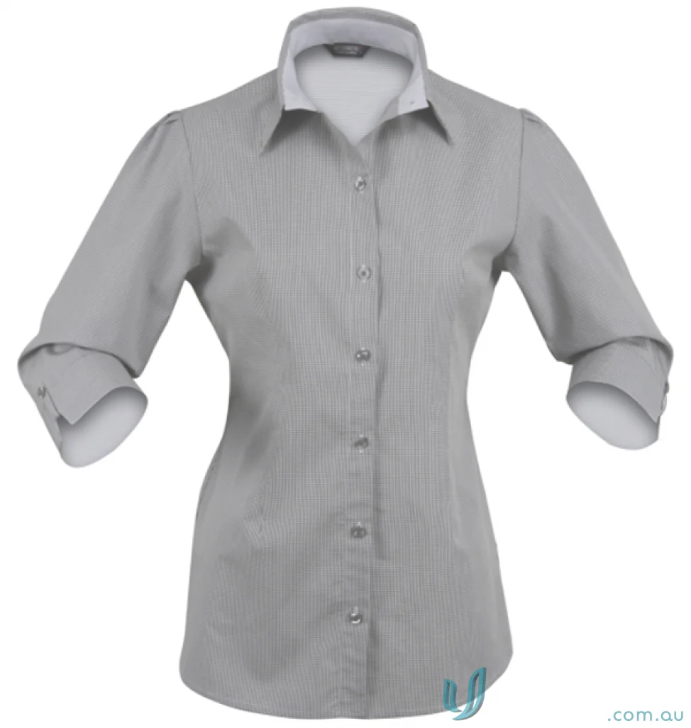 Gray striped shirt from Ladies Dominion 3qtr Sleeve Shirt, perfect for workwear or uniforms