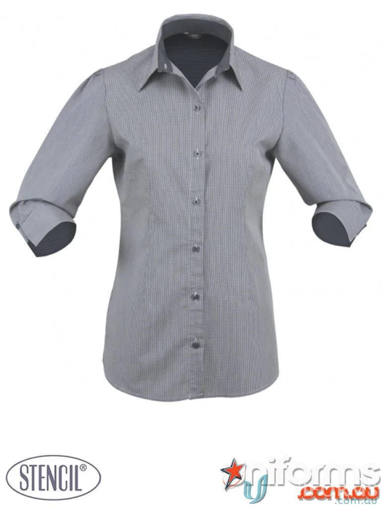 Gray striped button-down shirt from Ladies Dominion workwear collection perfect for uniforms